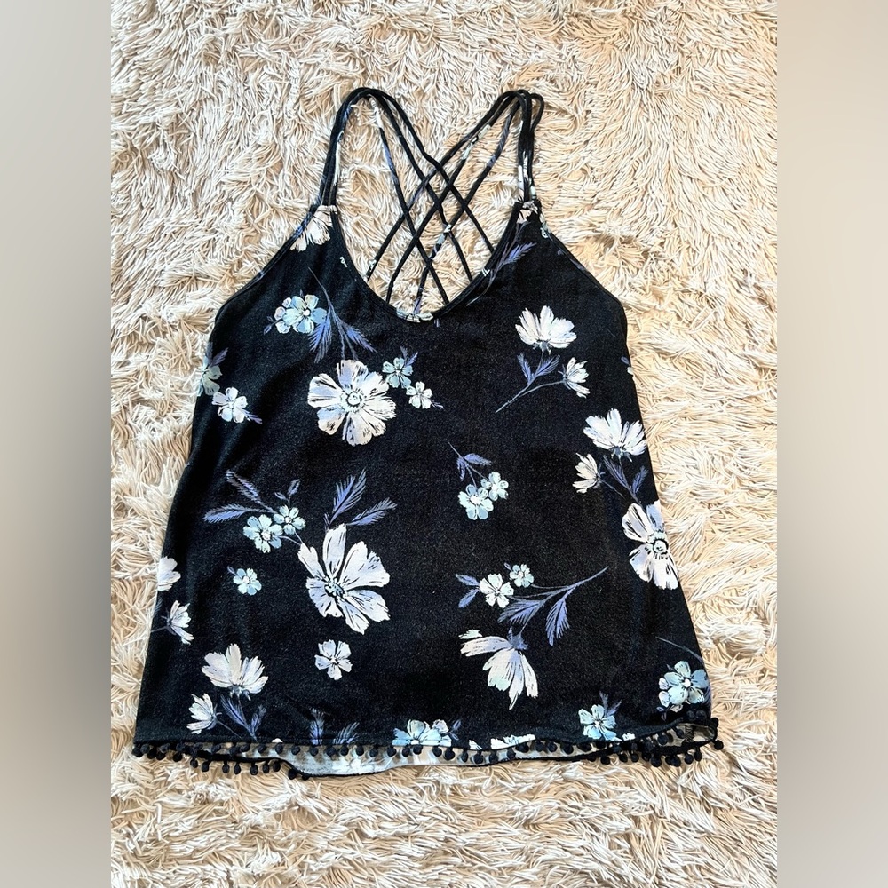 Black Floral, Strappy Racerback Tank Top
